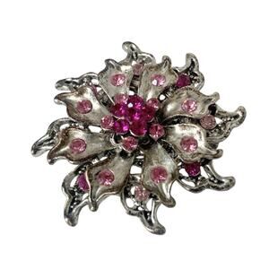 Vintage Art Deco Brooch Pin Flower Multi Layered Silver Tone & Pink Rhinestone